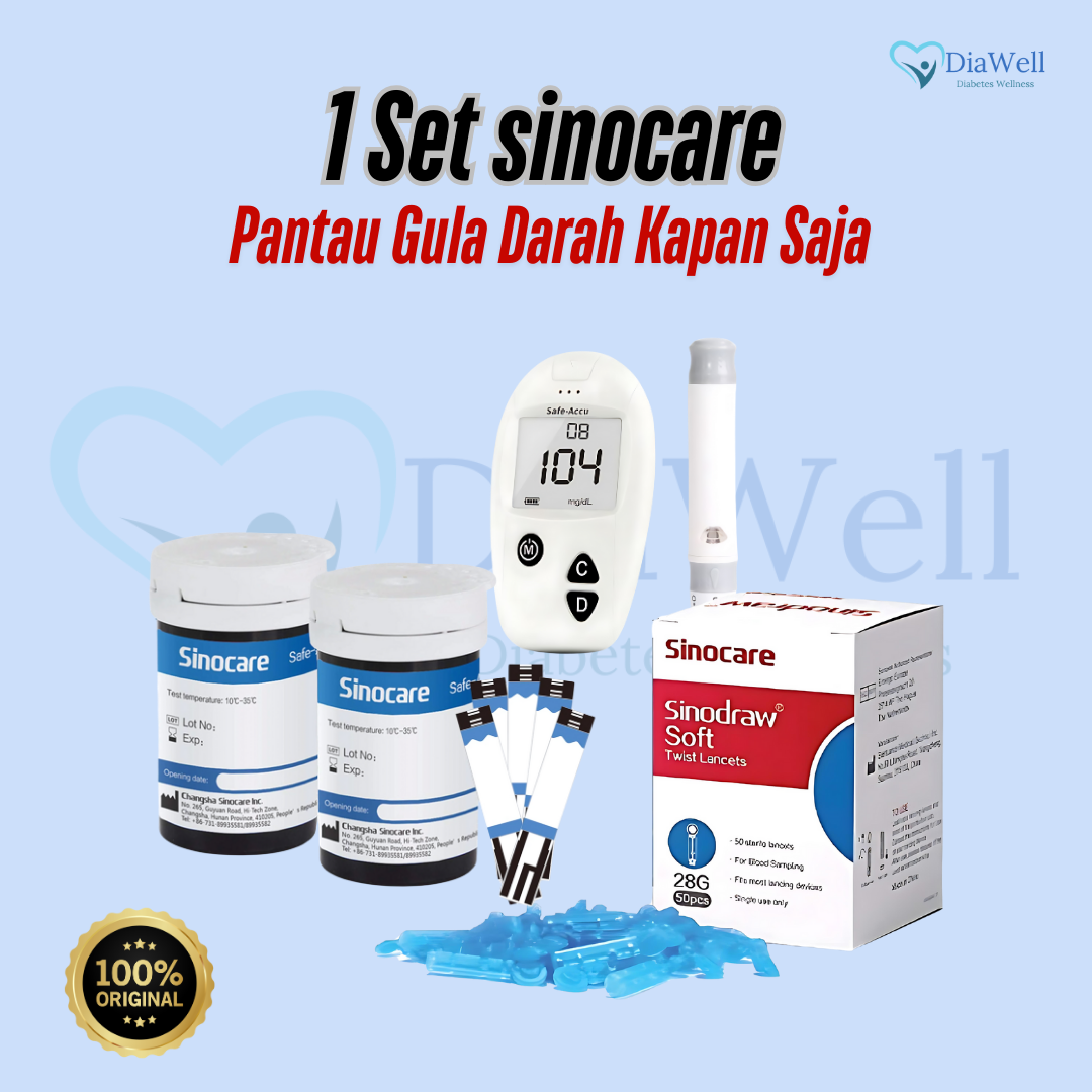 Sinocare 1 Set Alat Cek Gula Darah + Strip & Jarum Lancet | Glucometer Praktis, Cepat, dan Akurat
